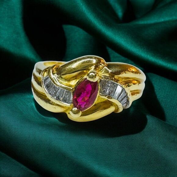 18k Gold Natural Ruby Diamond Baguette Ring Sz 5.5 Solid 750 Gold 3.8g Marquise - Picture 1 of 16